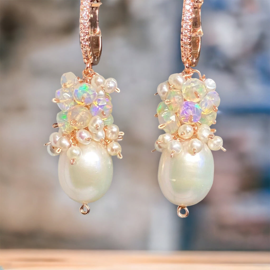 Freshwater pearl wedding earrings with clusters of AAA Ethiopian opals and rose gold