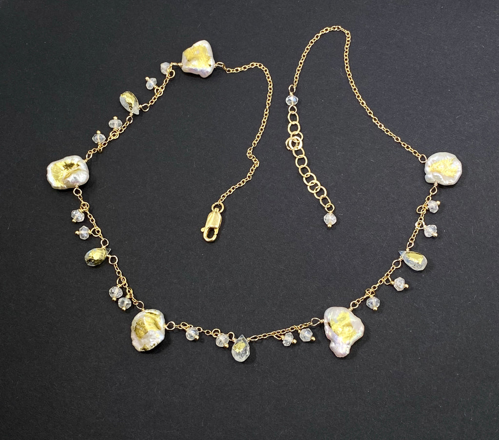 Keishi Pearl 24kt Gold Leaf Boho Dangle Necklace with Rainbow Moonstone - doolittlejewelry