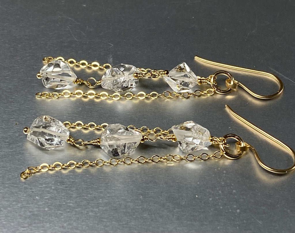 Herkimer Diamond Crystal Quartz Long Gold Fill Dangle Earrings