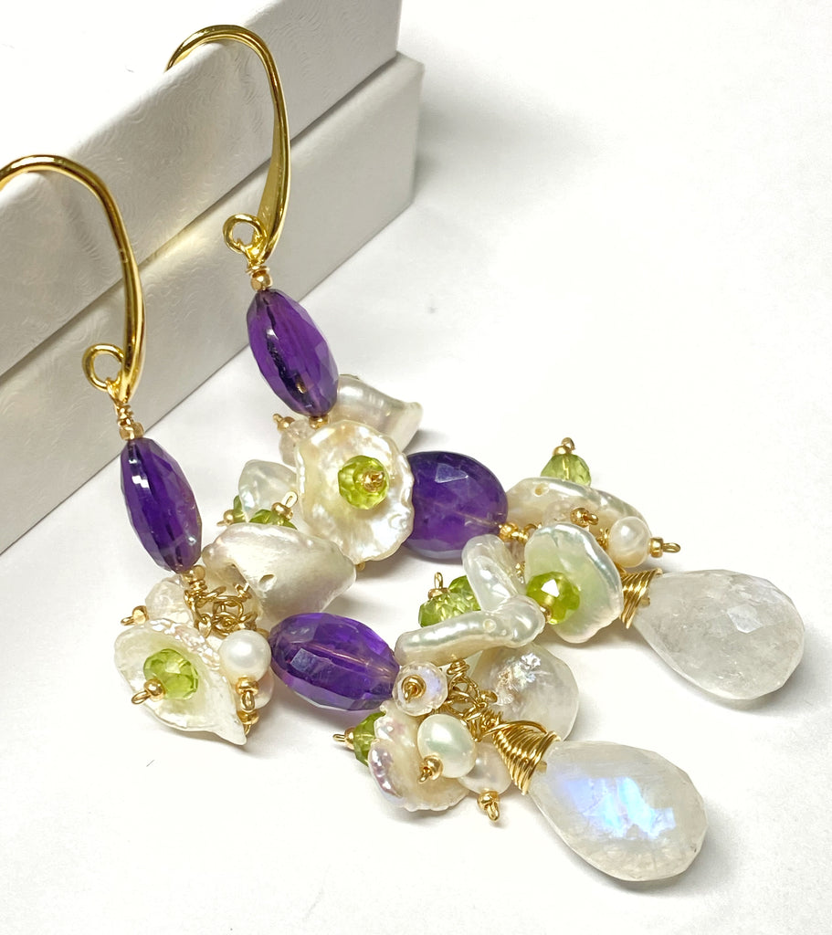 Amethyst Peridot Moonstone Keishi Pearl Long Drop Earrings