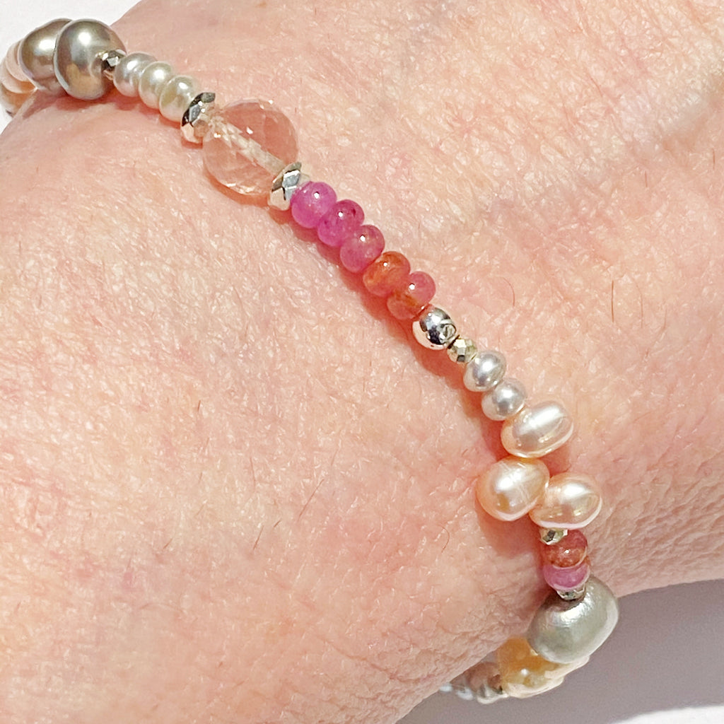 Pink Sapphire Rose Quartz Dainty Thin Layering Bracelet Sterling Silver