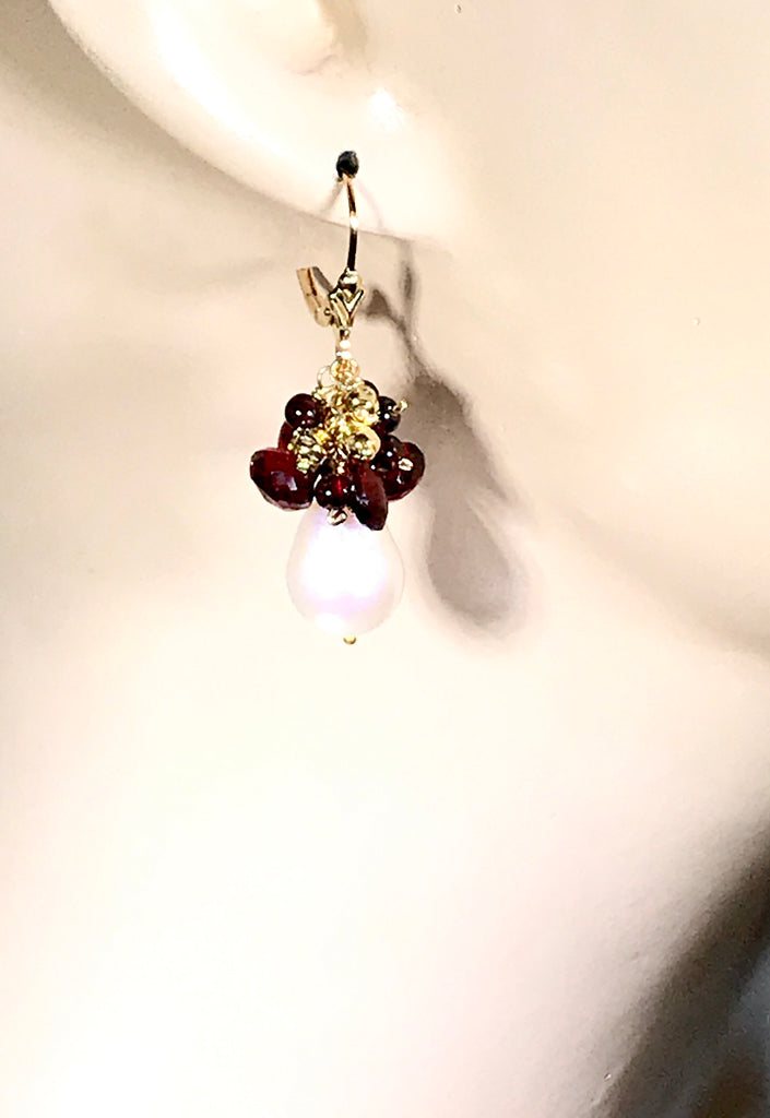 Ivory Pearl and Red Garnet Gemstone Cluster Earrings Gold Fill - doolittlejewelry