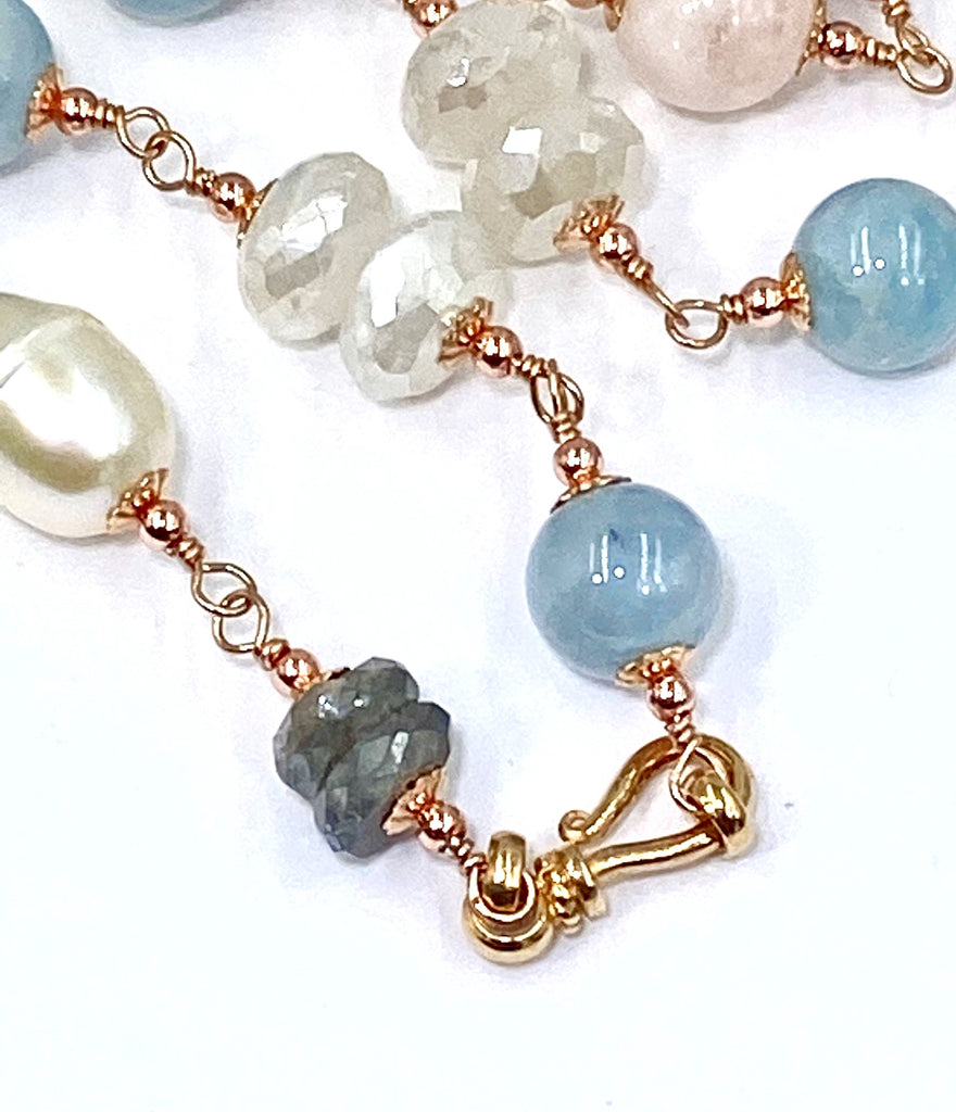 Long Blue Aquamarine Necklace Rose Gold, Pearl Gemstone Sautoir Wire Wrapped