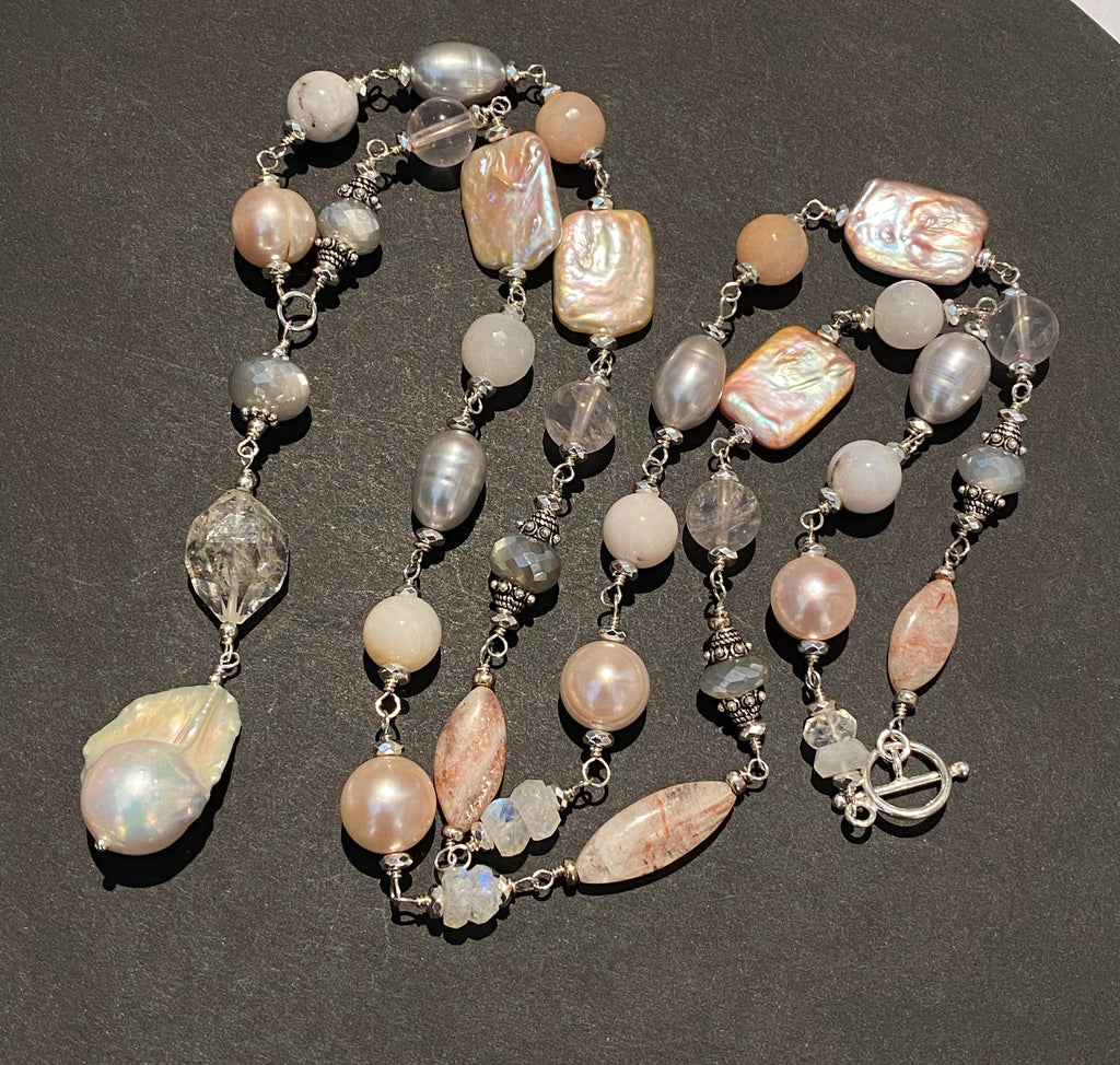 Long Silver Gemstone Pearl Necklace Blush Pink & Grey Toggle Clasp