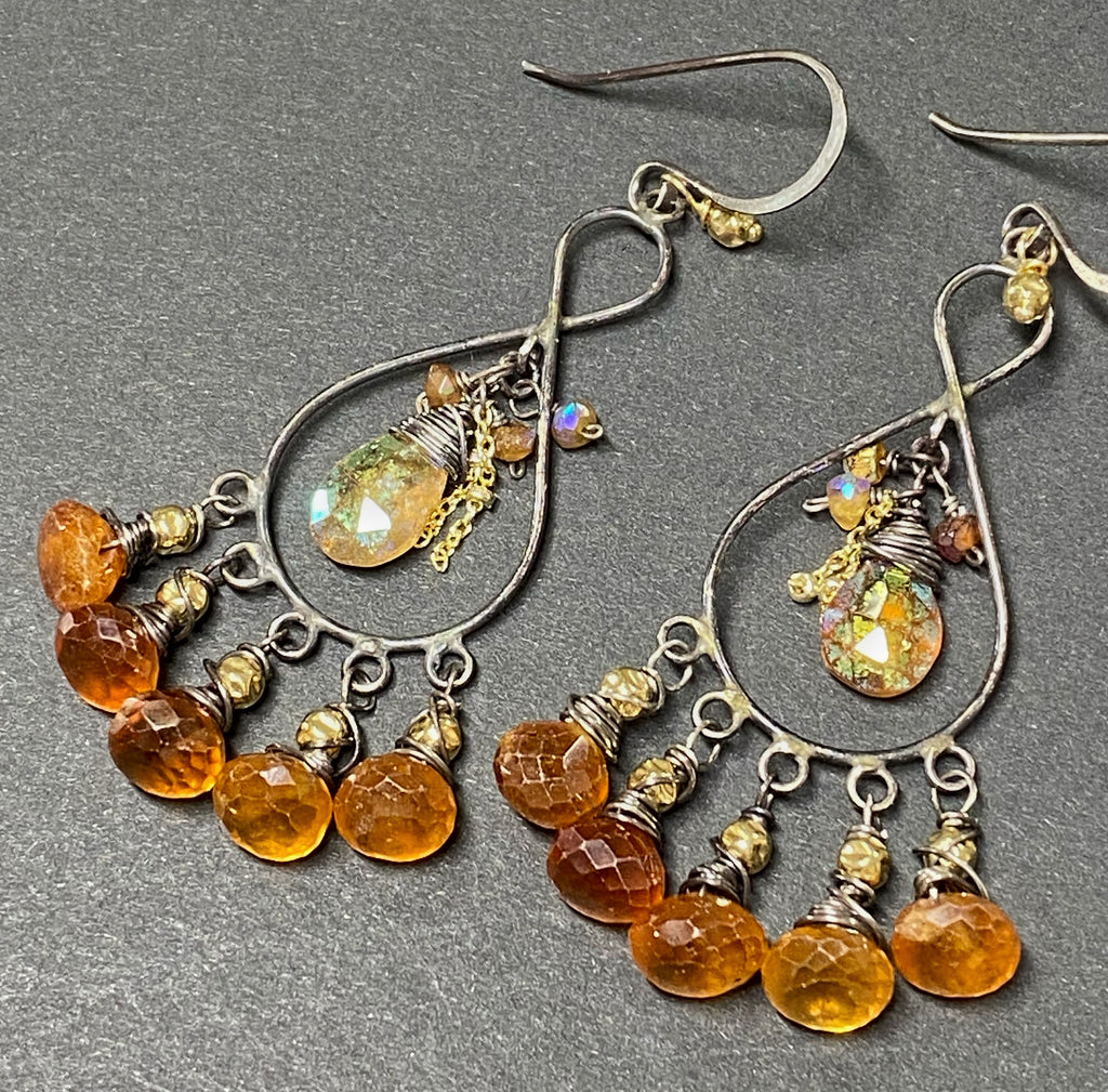 Hessonite Garnet Chandelier Earrings Oxidized Silver