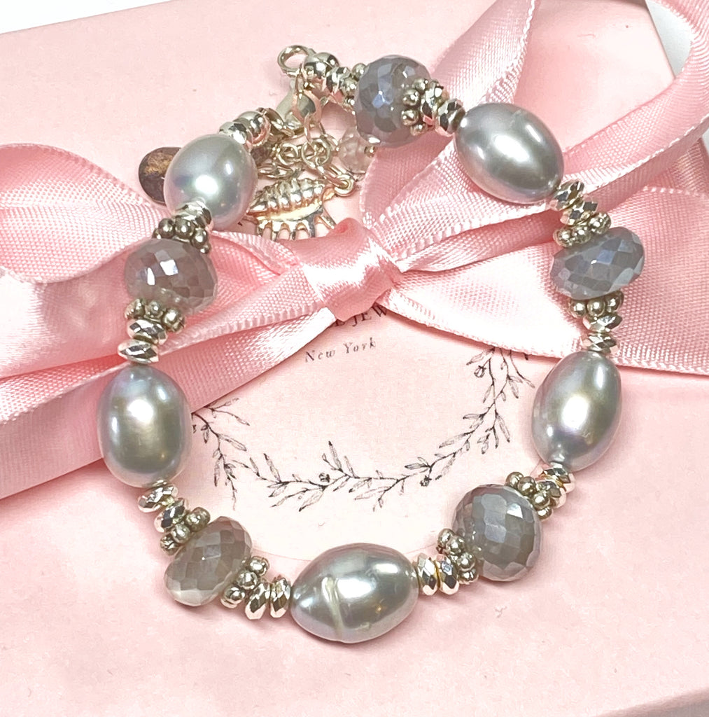 Grey Mystic Moonstone and Silver Gray Pearl Bracelet Sterling Silver