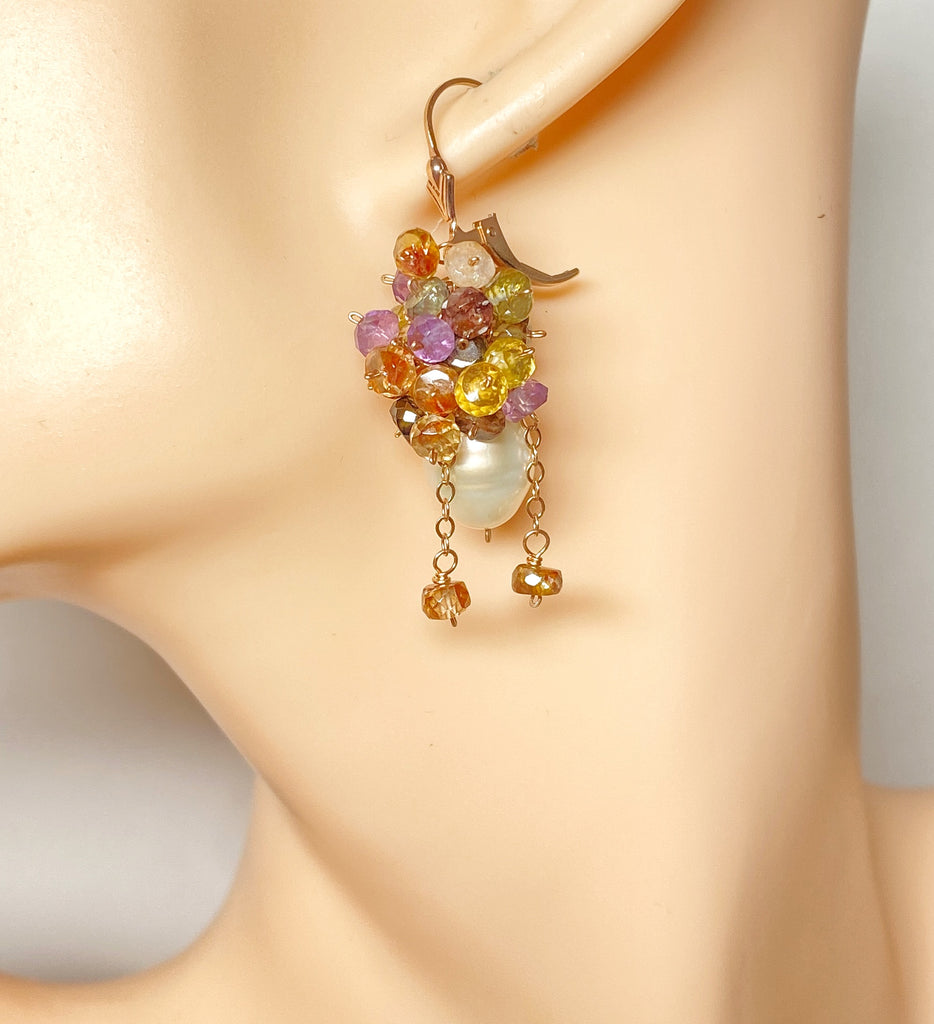 Multi Gemstone Cluster and Pearl Earrings Rose Gold