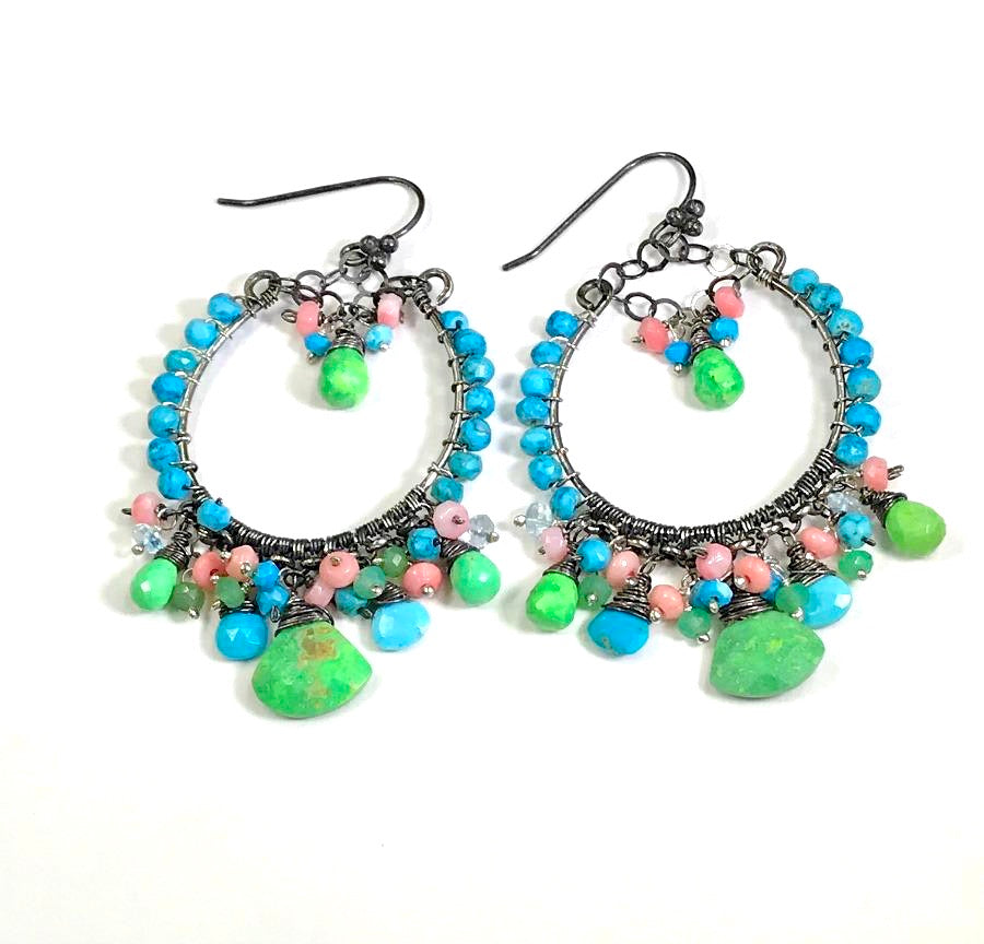 Turquoise Green, Coral  and Oxidized Silver Earrings - doolittlejewelry