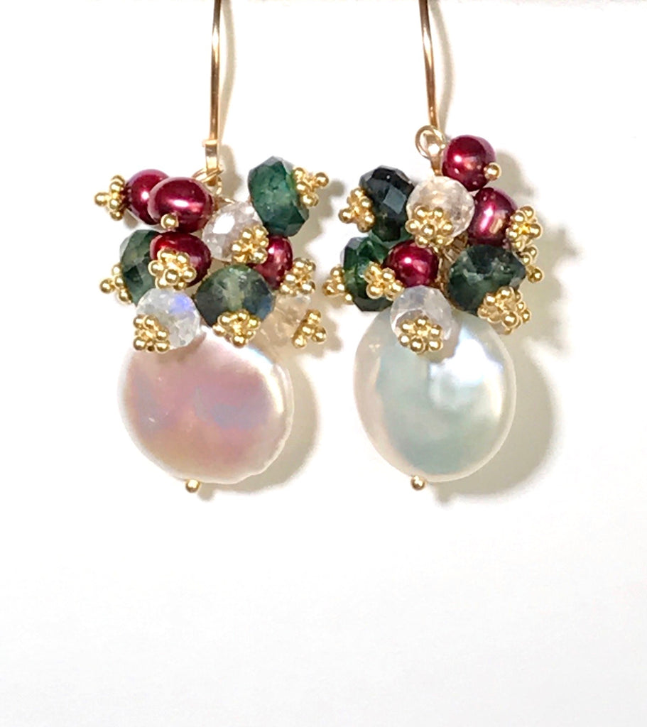 Coin Pearl & Green Moonstone Red Pearl Cluster Earrings