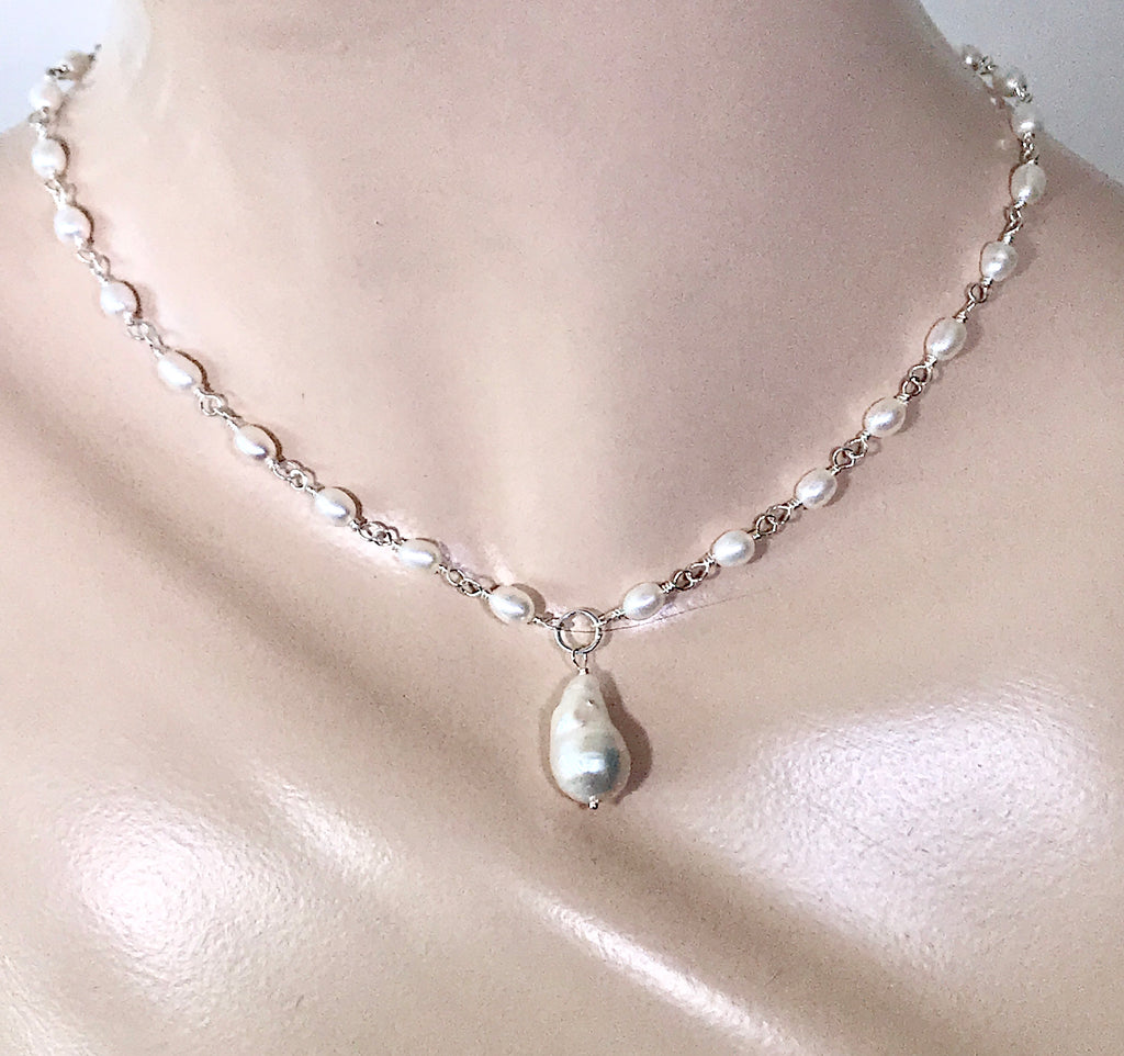 Dainty Baroque Pearl Necklace Wire Wrapped Rosary Style in Sterling Silver - doolittlejewelry