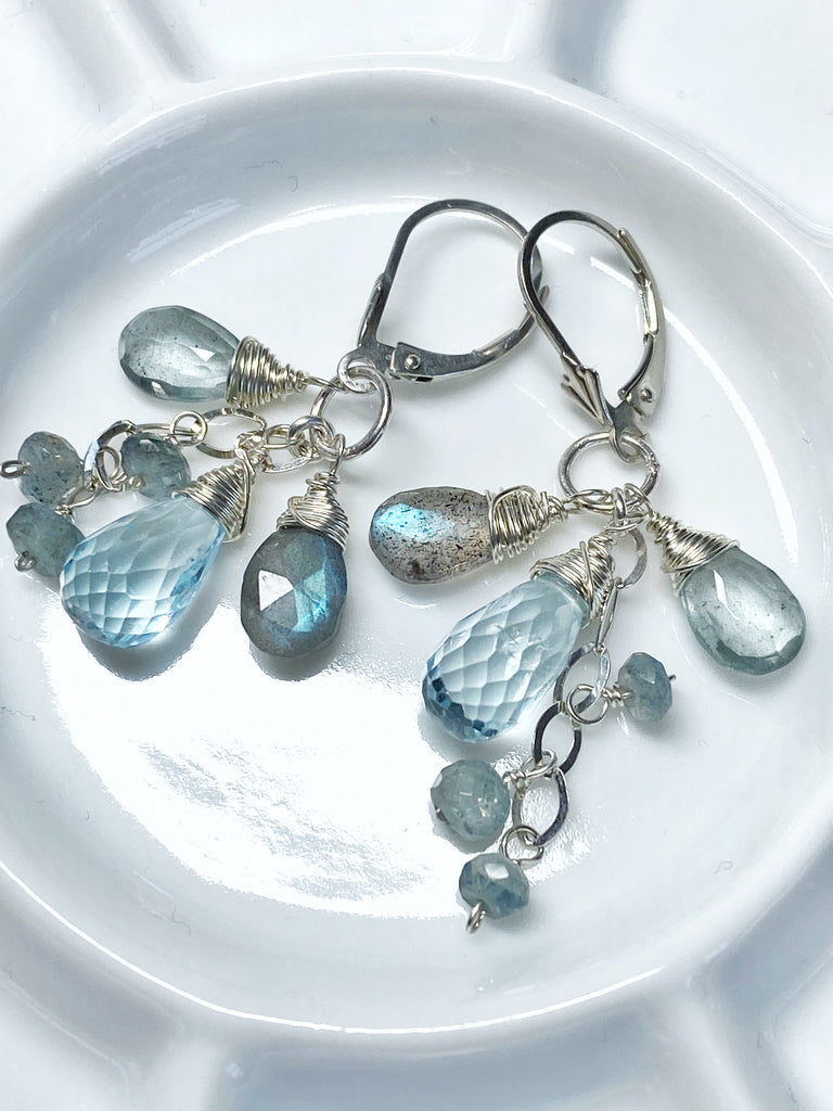 Moss Aquamarine, Blue Topaz, Labradorite Dangle Earrings Sterling Silver