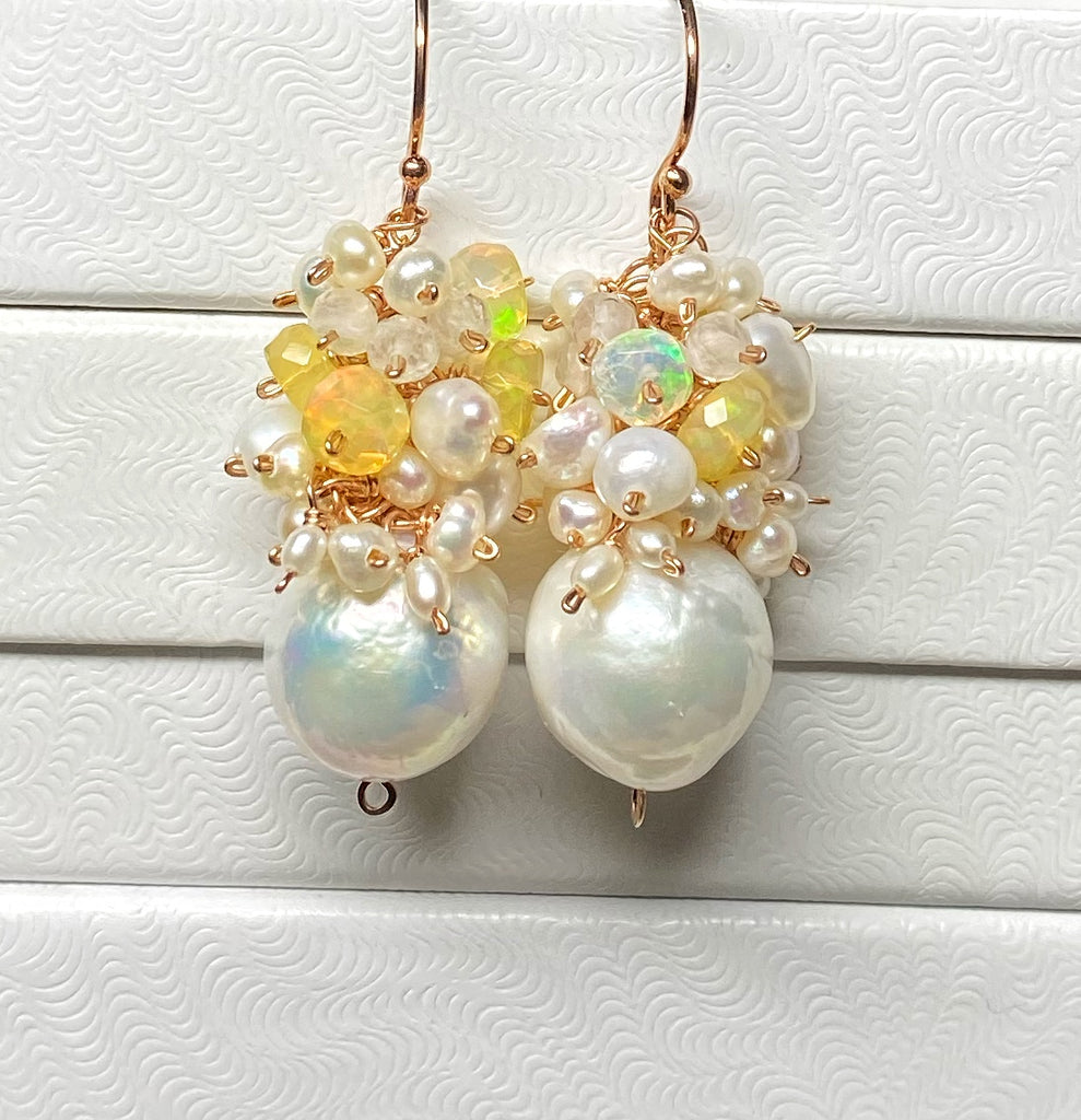 White Edison Pearl and Opal Cluster Wedding Earrings