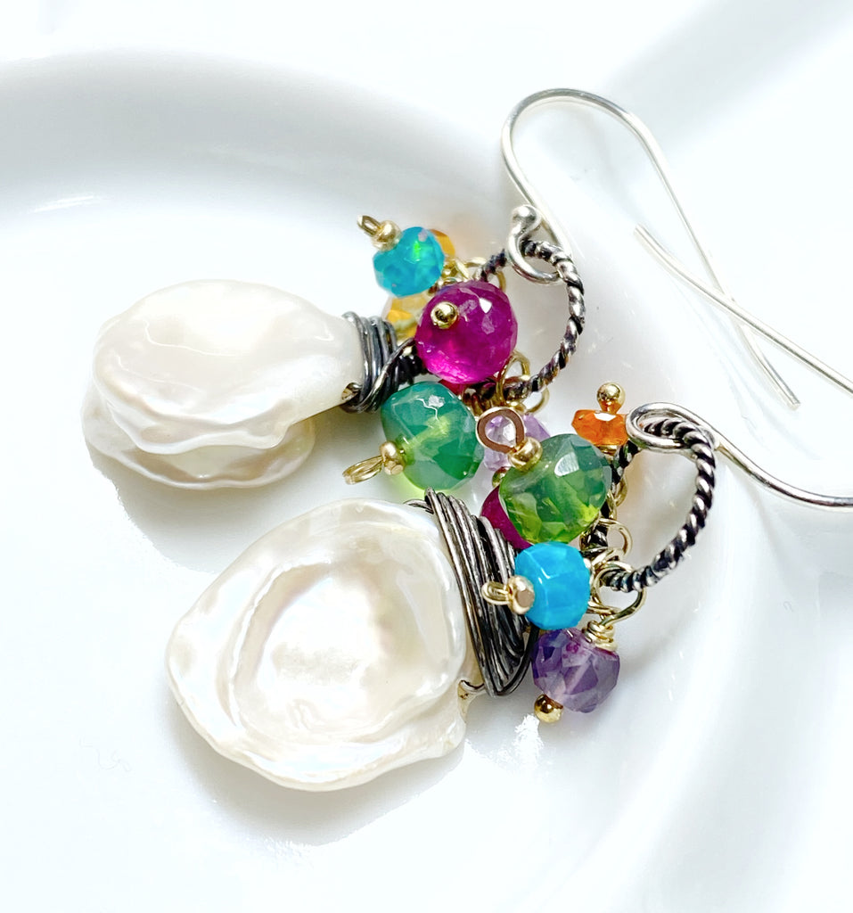 Keishi Pearl Earrings with Colorful Gems and Mixed Metals