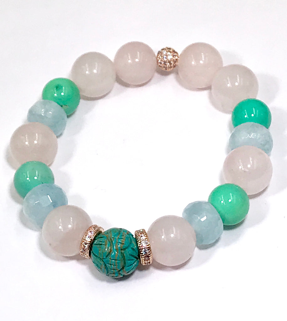 Turquoise Rose Quartz Aquamarine Stretch Bracelet Set of 3 Rose Gold - doolittlejewelry