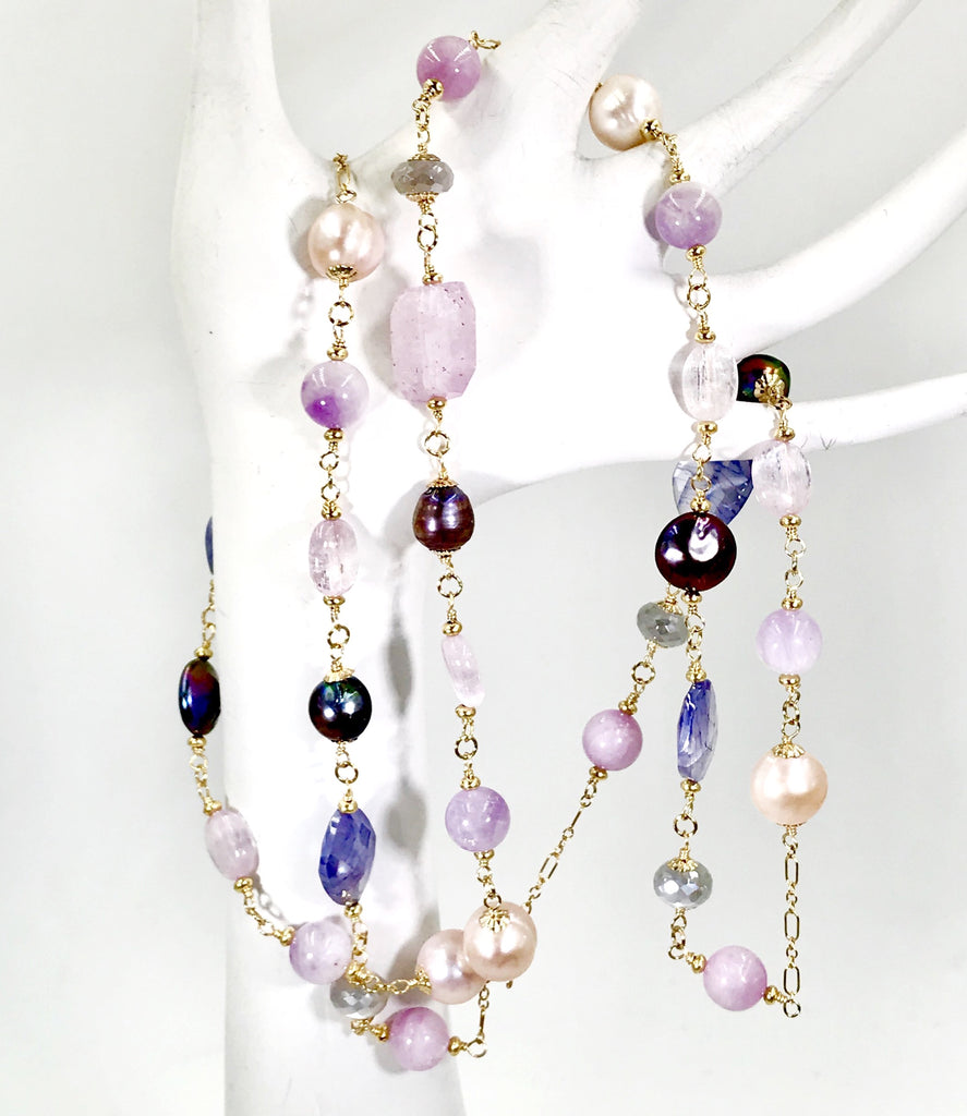 Long Multicolor Gem Stone Necklace Gold Kunzite, Blue Sapphire, Moonstone, Pearl