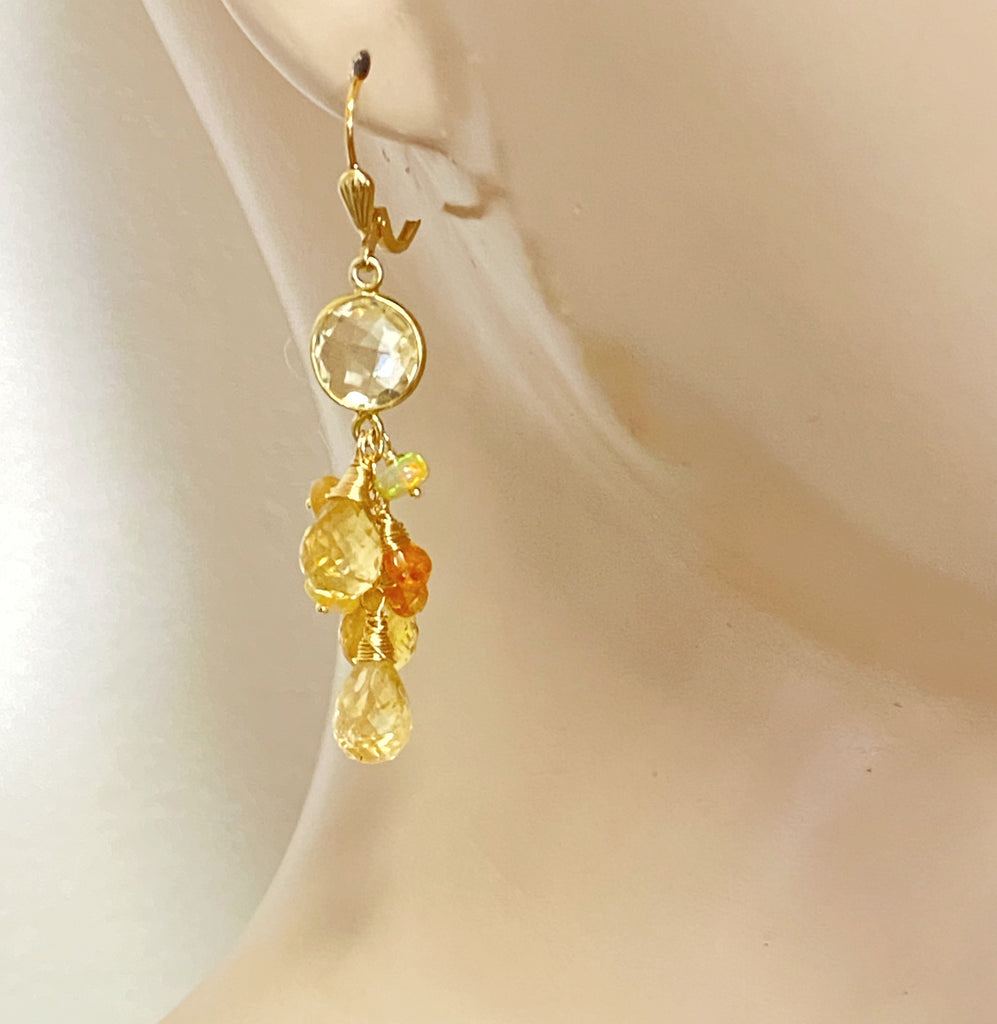 Citrine Dangle Earrings Ethiopian Opals Mandarin Garnet