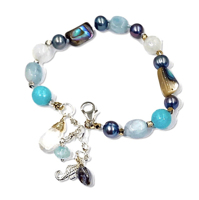 Abalone Silk Knotted Bracelet, Moonstone, Aquamarine, Pearl - doolittlejewelry