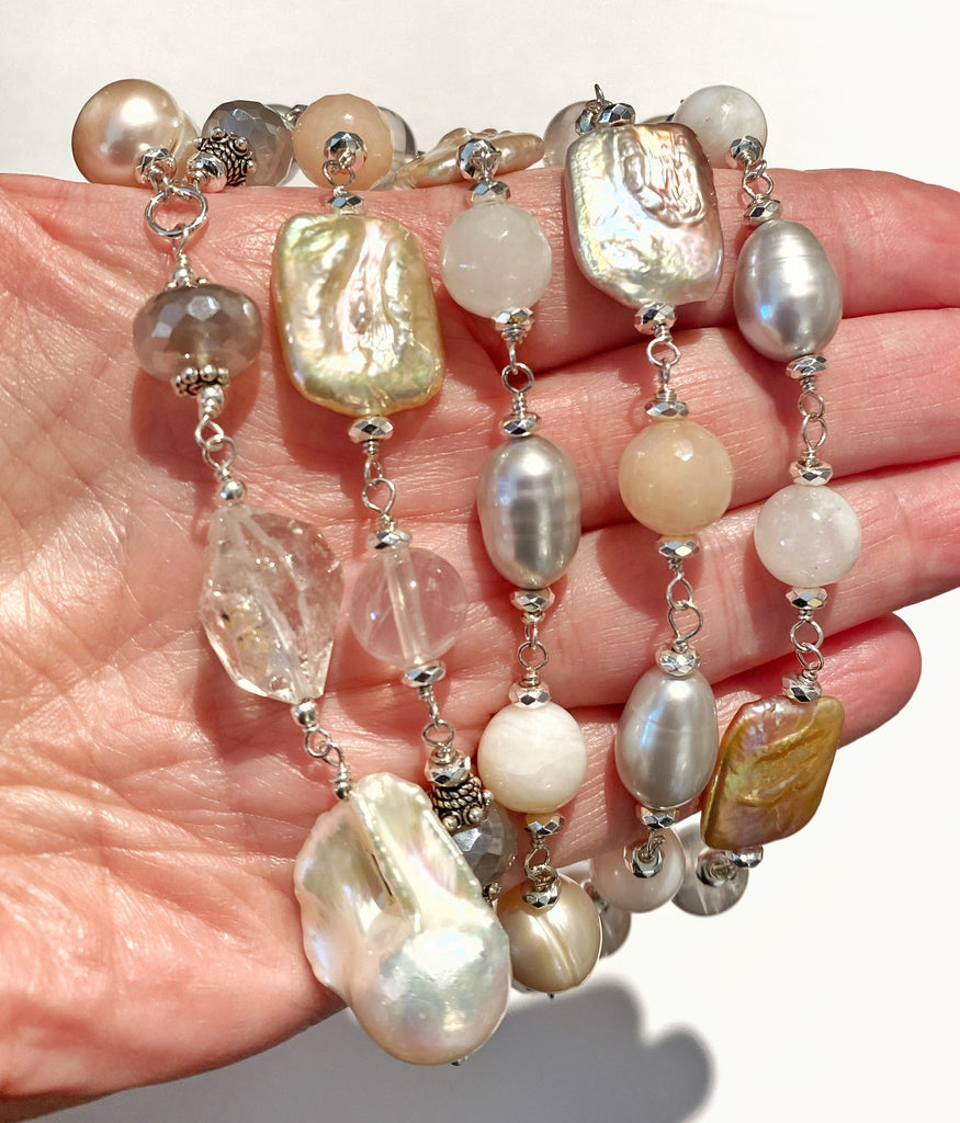 Long Silver Gemstone Pearl Necklace Blush Pink & Grey Toggle Clasp