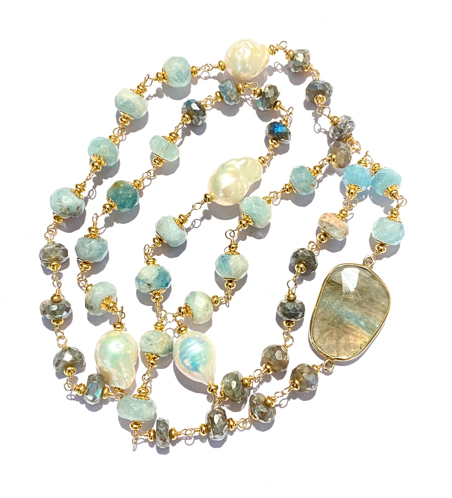 Aquamarine, Labradorite, Pearl Long Wire Wrapped Necklace