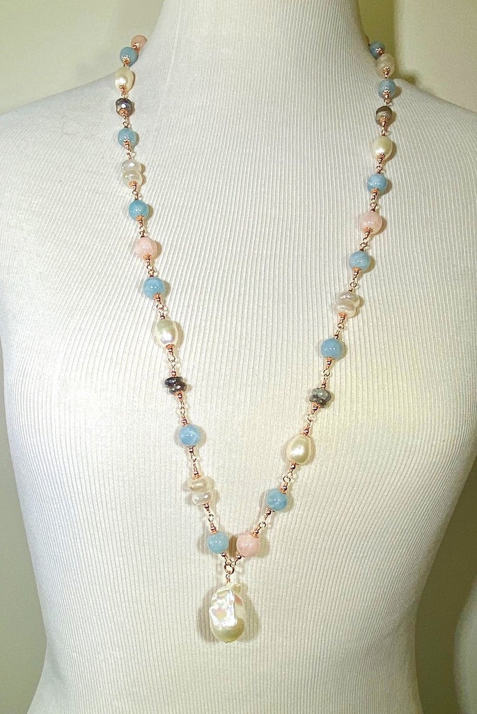 Long Blue Aquamarine Necklace Rose Gold, Pearl Gemstone Sautoir Wire Wrapped