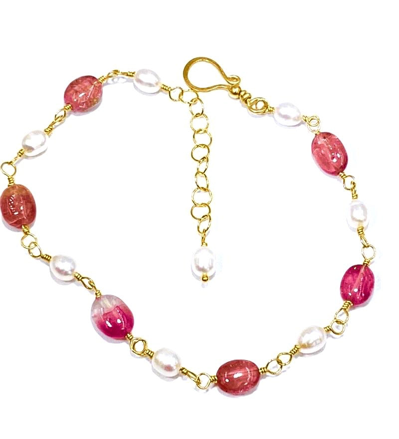 Pink Tourmaline and Pearl Gold Fill Wire Wrapped Bracelet Adjustable