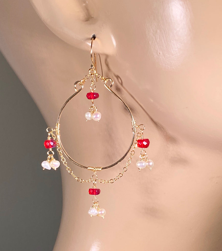 Ruby Red Opal Pearl Gold Fill Hoop Earrings - doolittlejewelry
