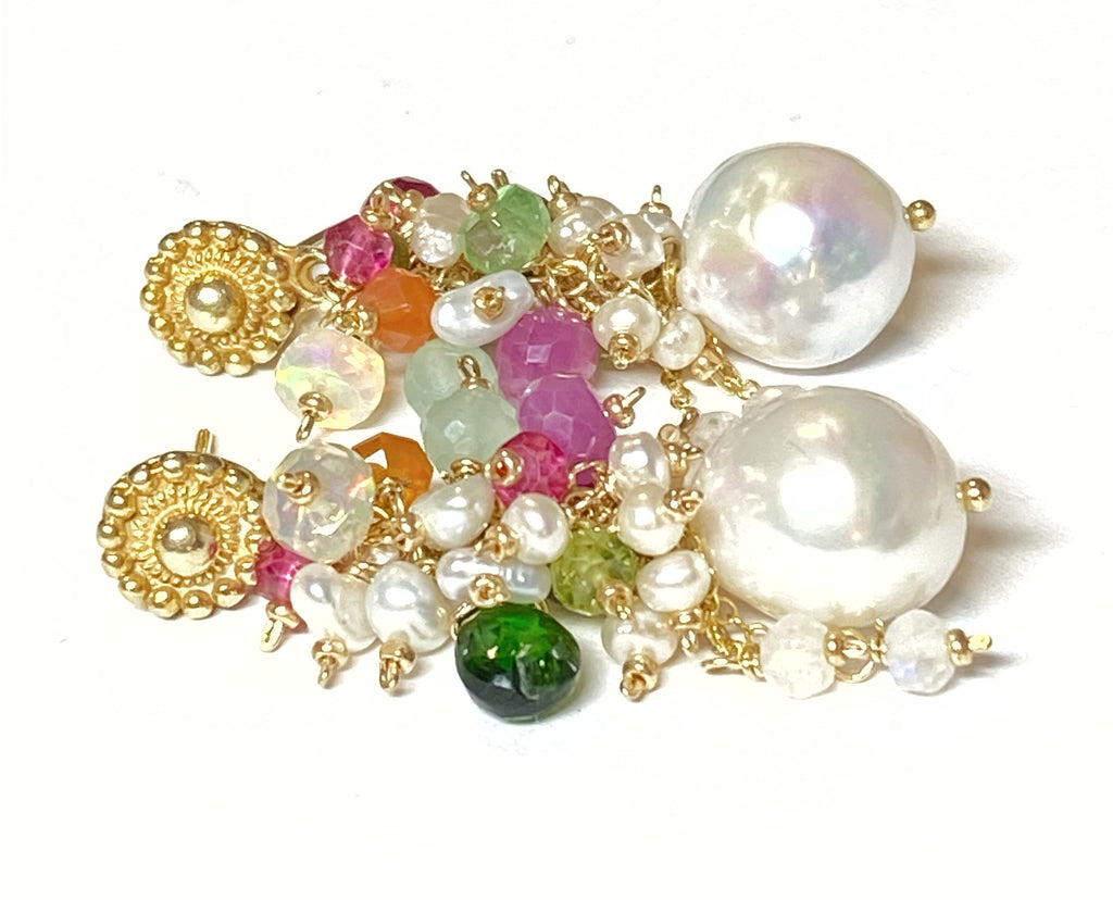 Colorful Gemstone Pearl Cluster Earrings Gold Post