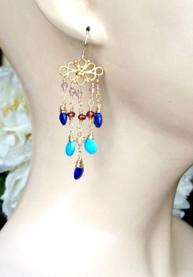 Turquoise, Blue Lapis and Garnet Chandelier Earring - doolittlejewelry