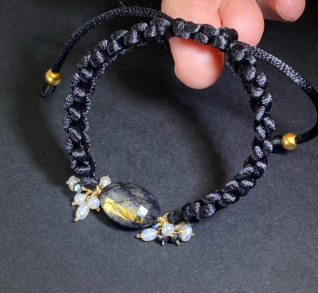 Black Labradorite Knotted Macramé Adjustable Bracelet