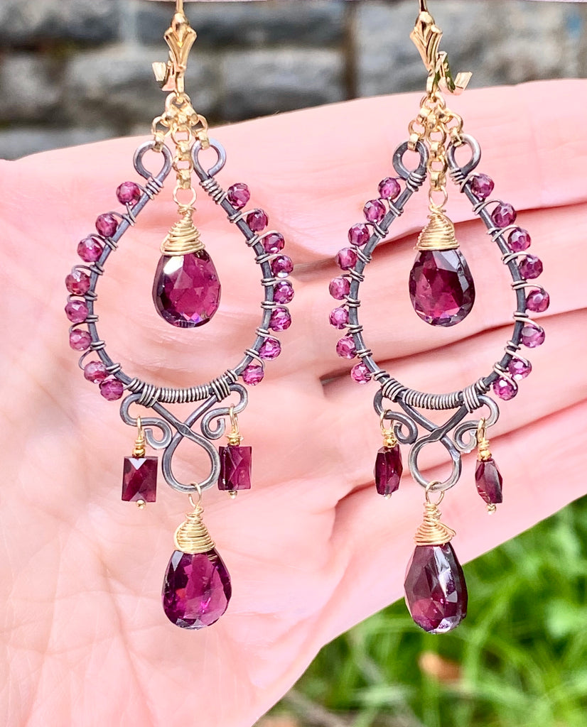 Rhodolite Garnet Chandelier Earrings Mixed Metal Boho Style Oxidized Silver Gold Fill