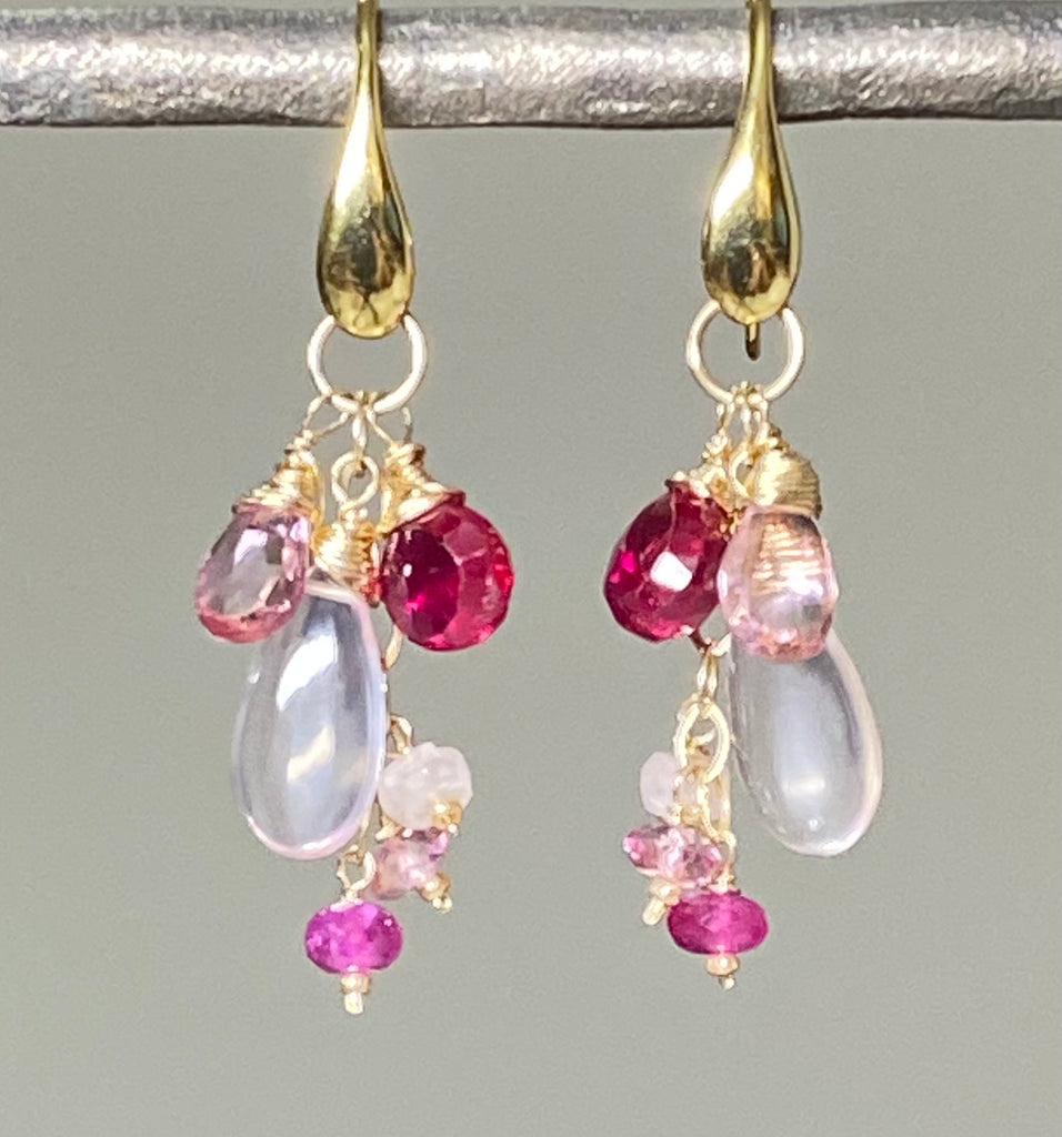 Rose Quartz, Red and Pink Topaz Dangle Earrings, Gold Fill