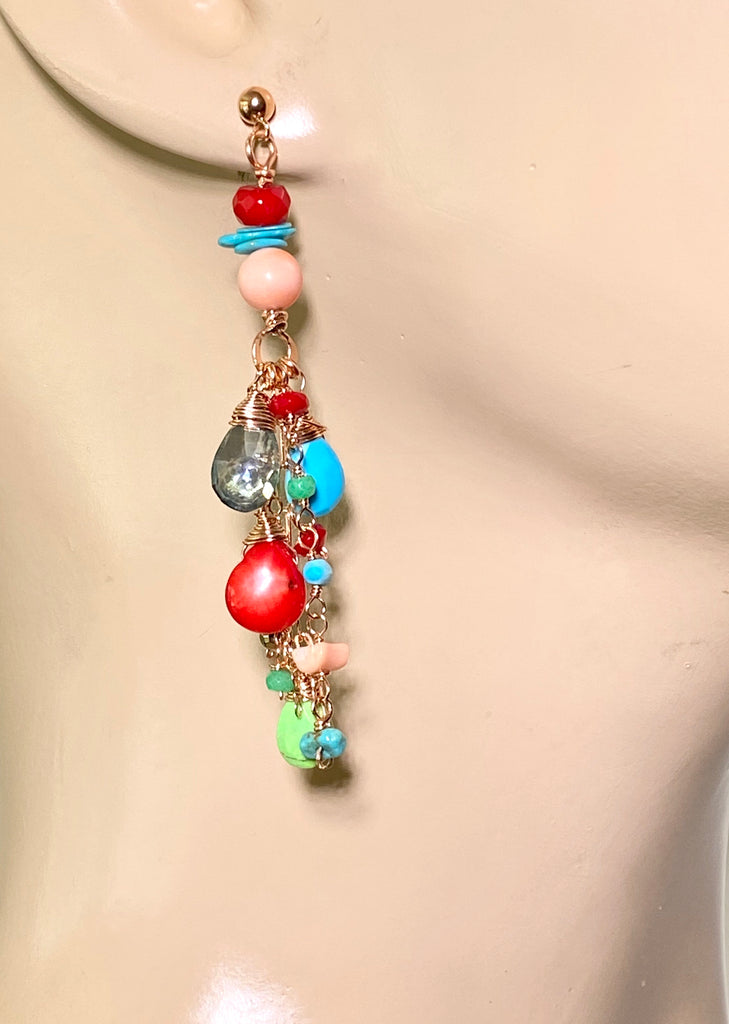 Turquoise Red Coral Rose Gold Long Boho Dangle Earrings - doolittlejewelry