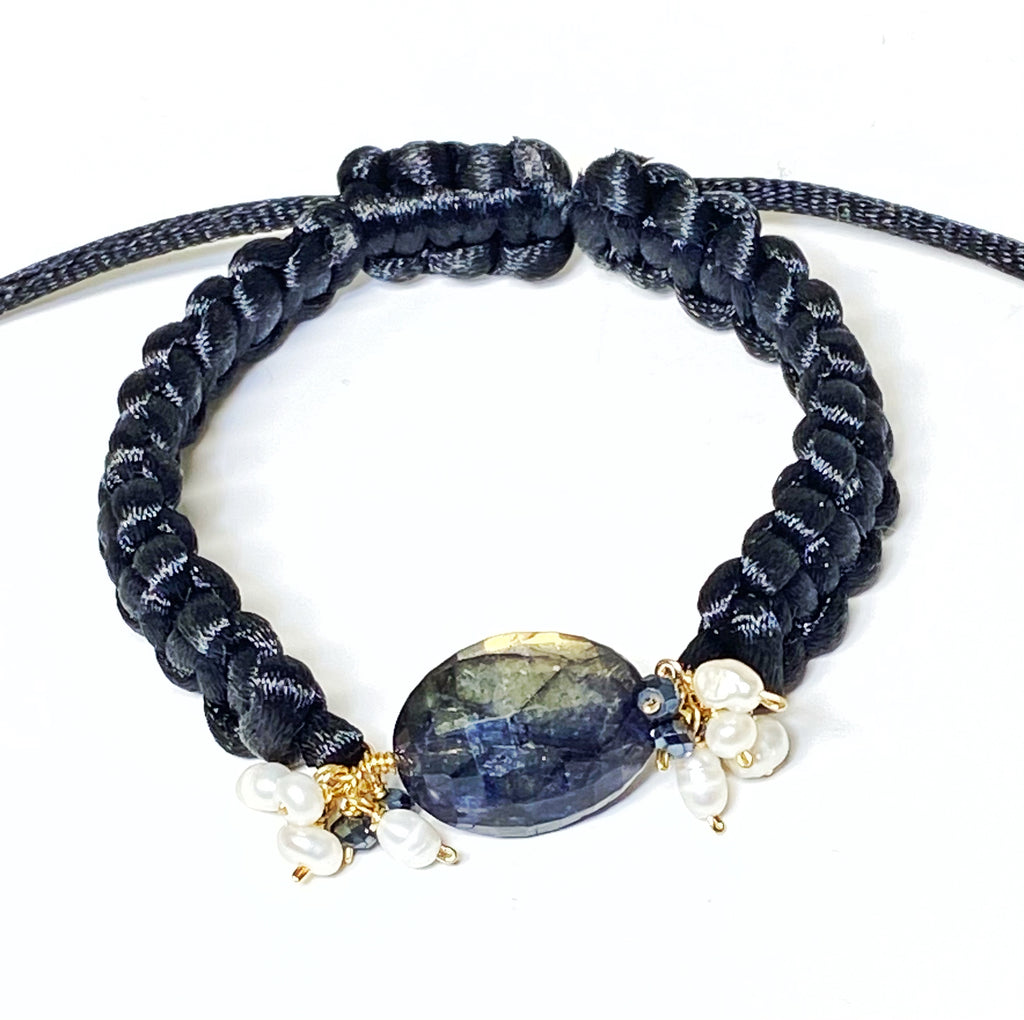 Black Labradorite Knotted Macramé Adjustable Bracelet