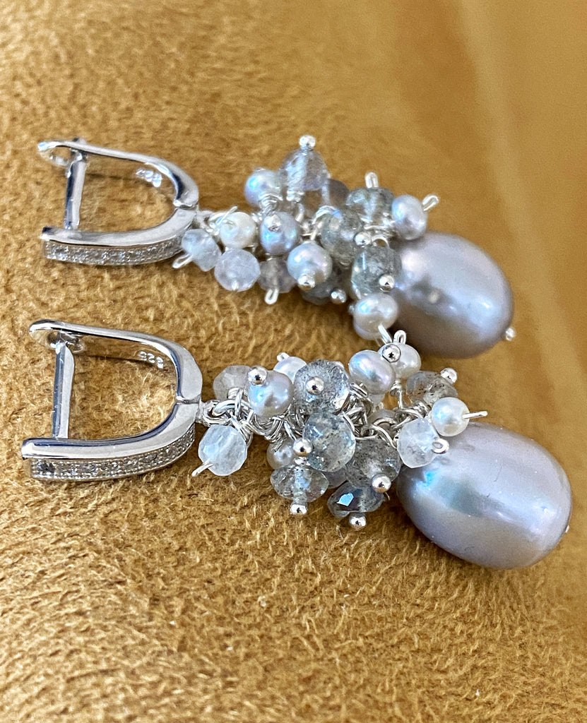 Gray Pearl Labradorite Cluster Earrings Sterling Silver