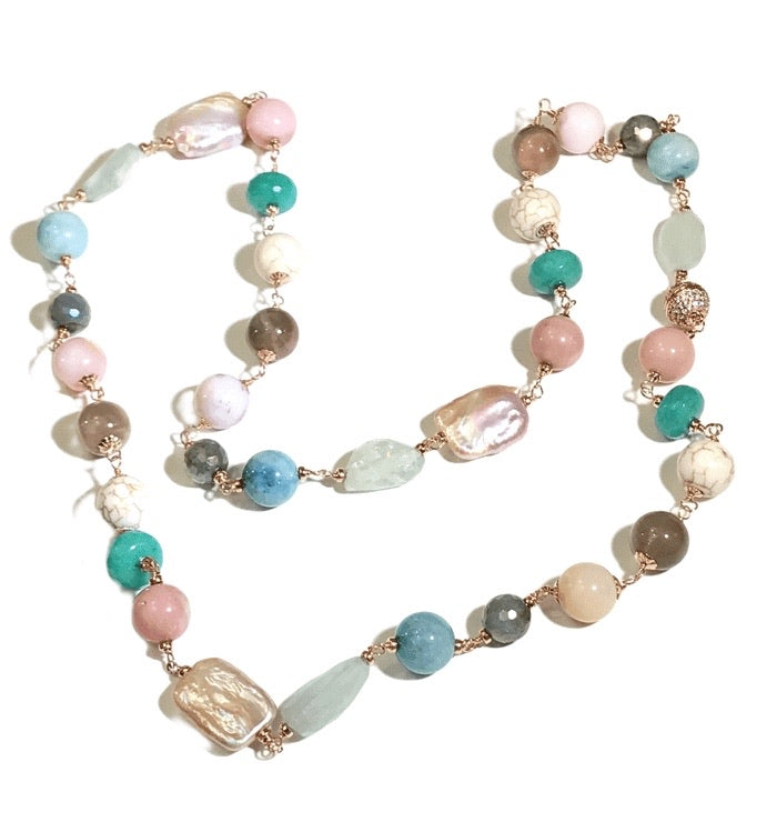 Multi-color Gemstone Pearl Necklace Wire Wrapped Rose Gold