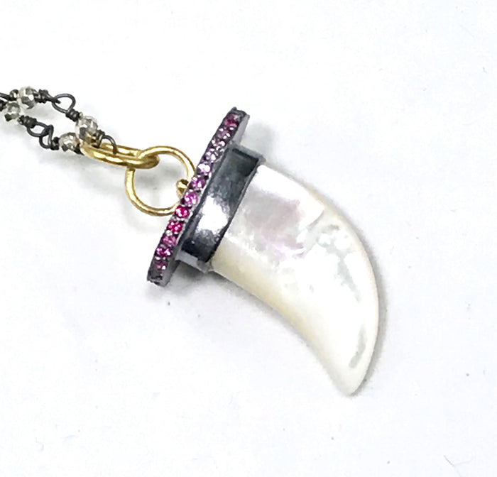 Mother of Pearl Horn Charm Pave Pink Sapphire 22k Gold Oxidized Silver