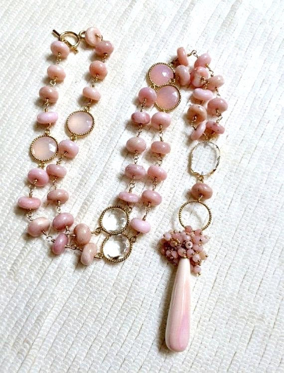 Pink Peruvian Opal Long Wire Wrapped Necklace