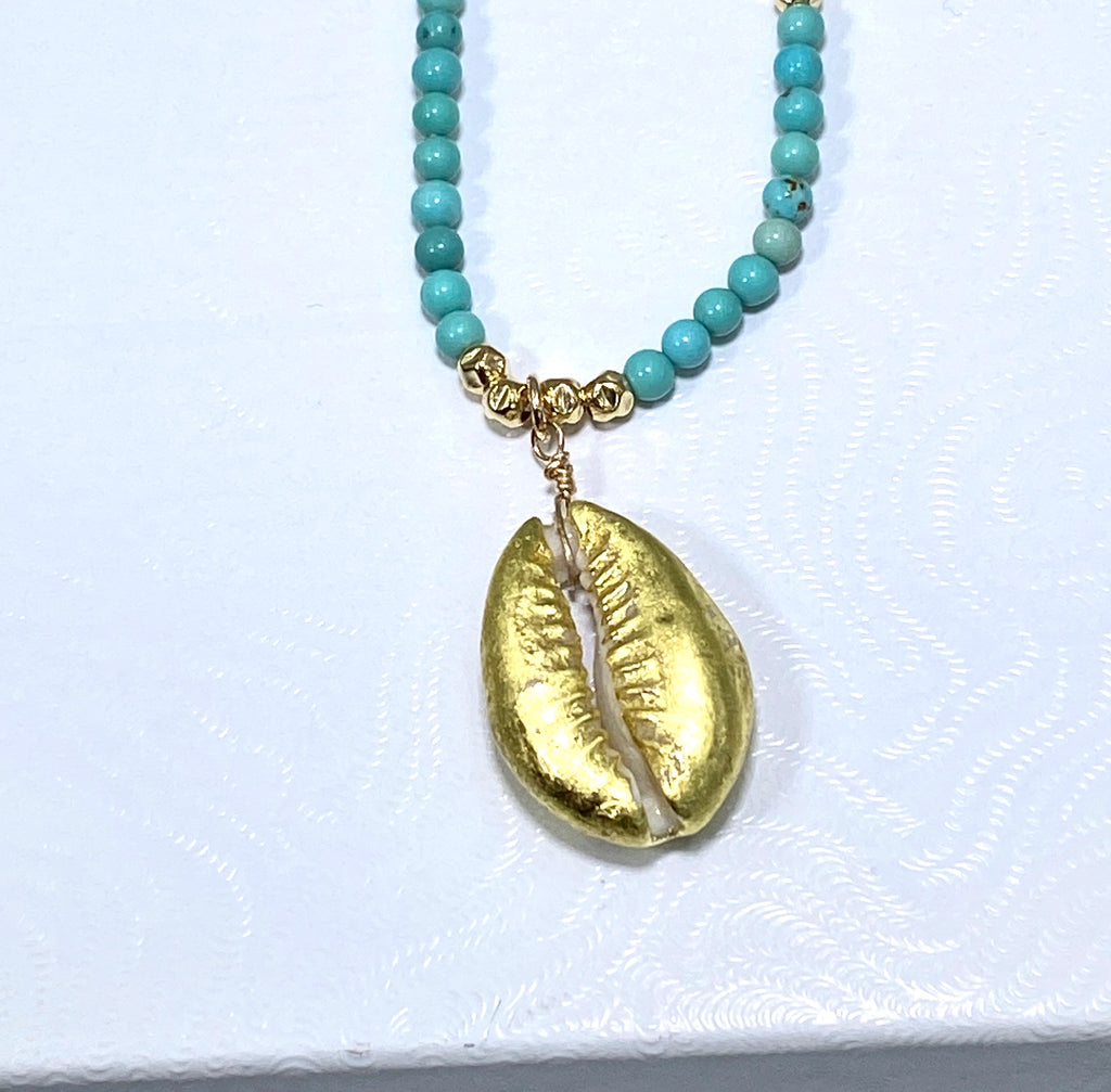 Dainty Turquoise Layering Necklace with Cowry Shell 24 kt Gold - doolittlejewelry