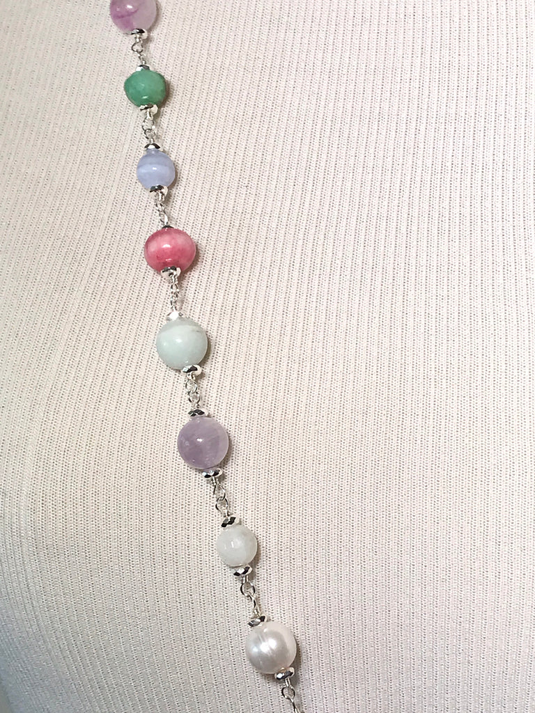 Long Gemstone Wire Wrapped Necklace Pastel in Sterling Silver - doolittlejewelry