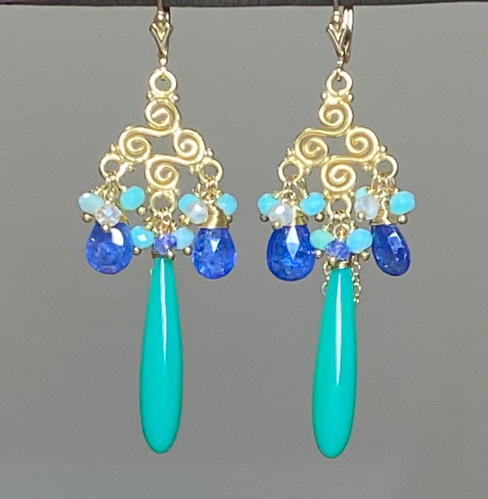 Tanzanite and Green Gemstone Chandelier Gold Fill Earring - doolittlejewelry