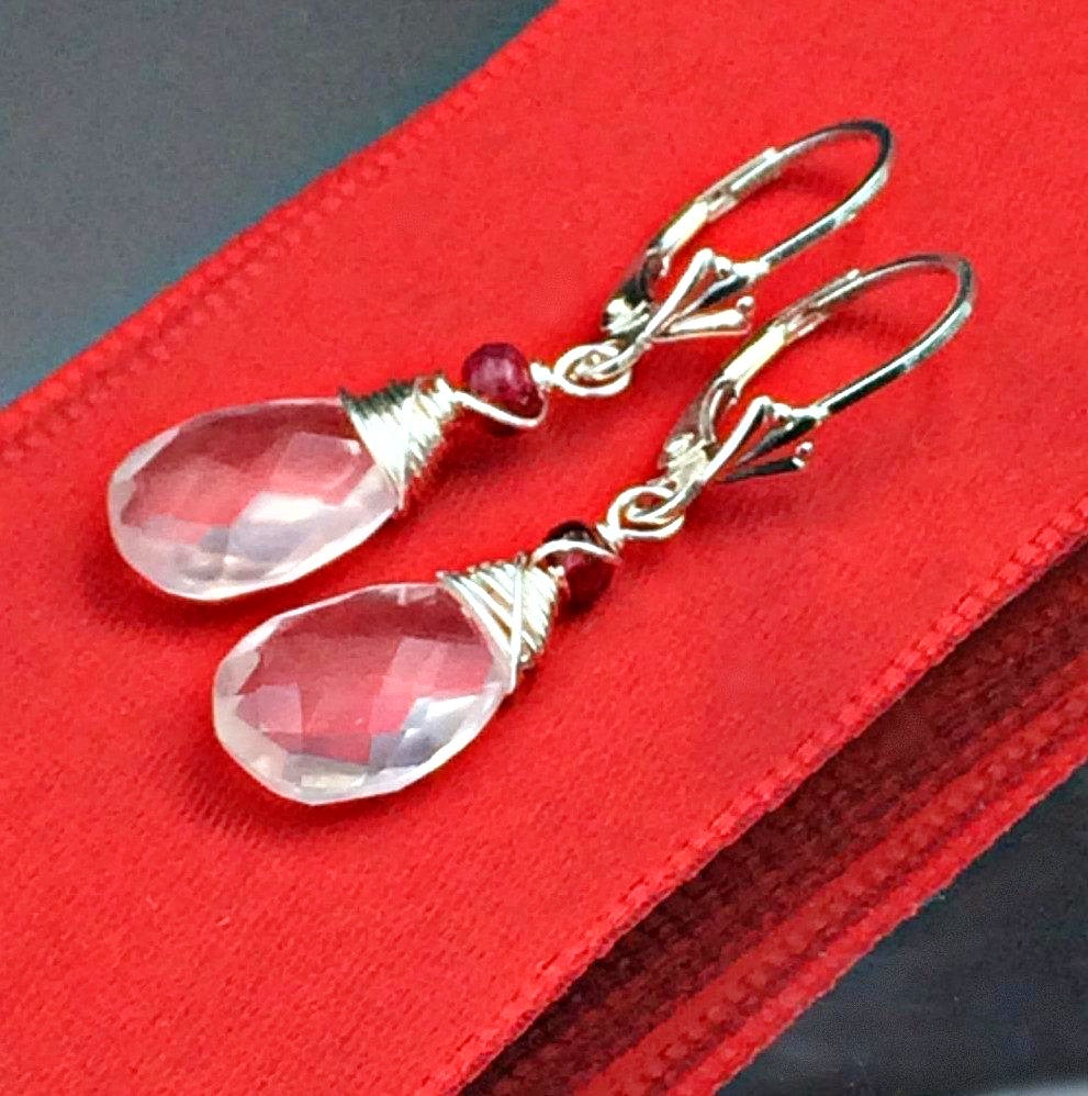 Pink Rose Quartz Briolette Wire Wrap Earrings Sterling Silver