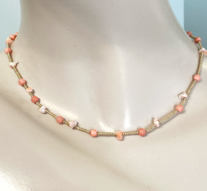 Pink Coral Nugget Dainty Gold Necklace