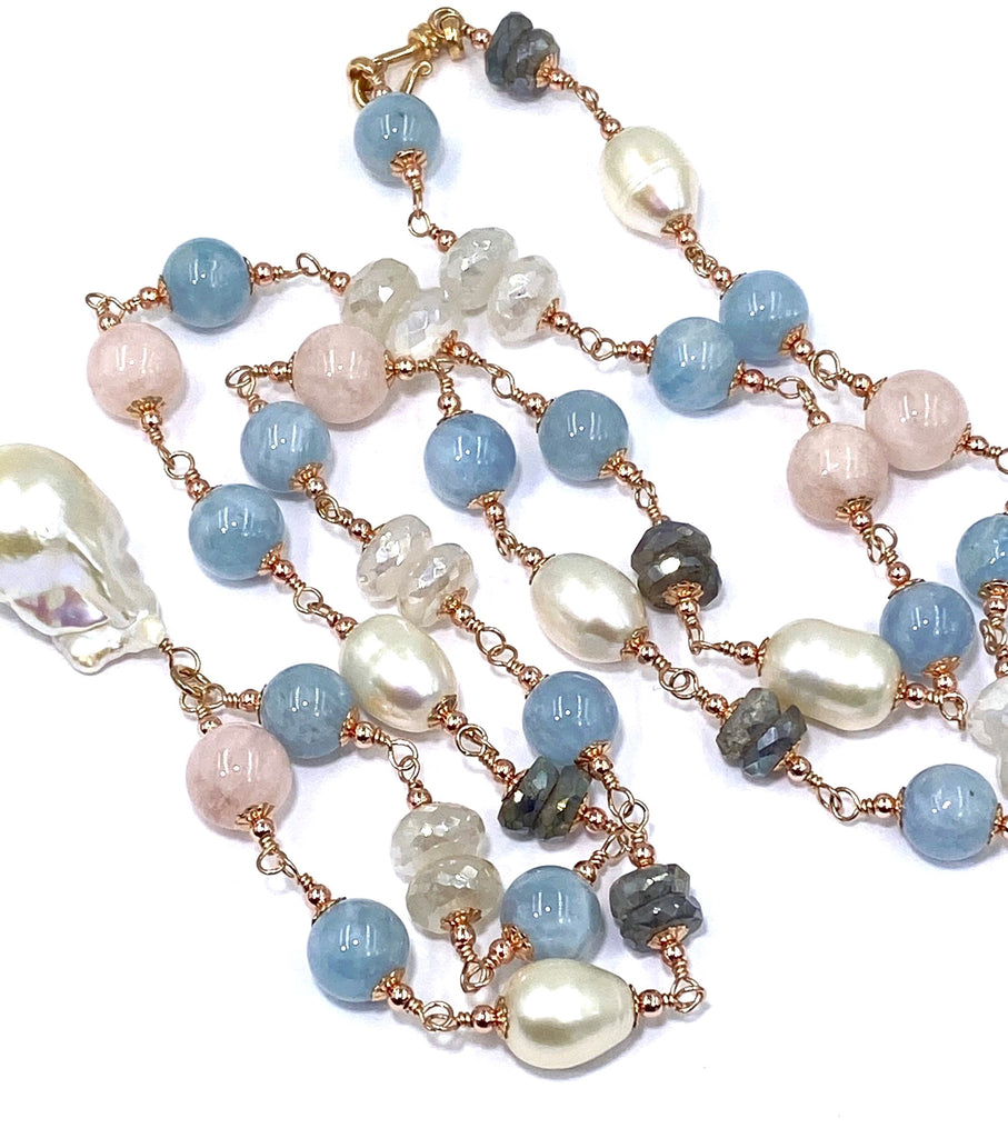 Long Blue Aquamarine Necklace Rose Gold, Pearl Gemstone Sautoir Wire Wrapped