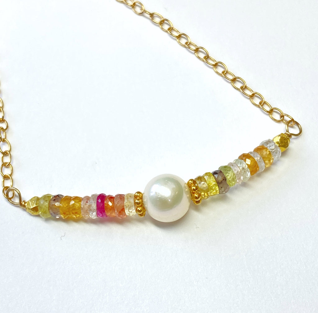 Sapphire Bar Necklace Gold Pastel Gemstone and Pearl Dainty Choker