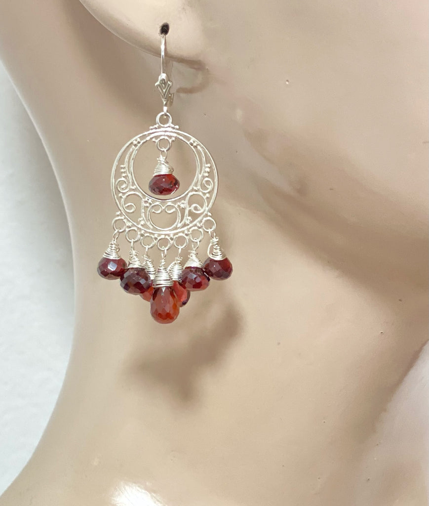 Garnet Chandelier Earrings Sterling Silver Garnet Hoops