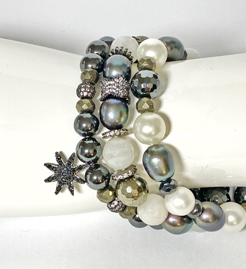 Ivory Peacock Pearl Stretch Layering Bracelets