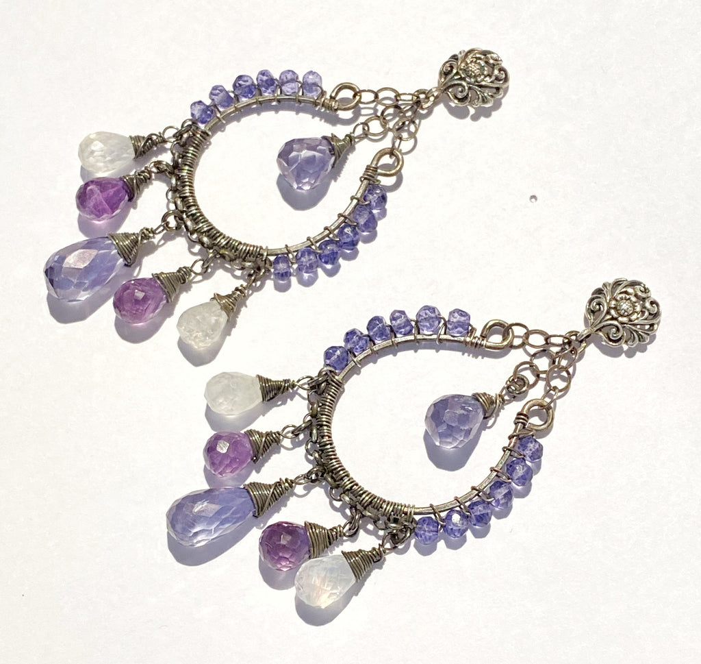 Moonstone, Amethyst, Blue Violet Hoop Earrings Oxidized Silver