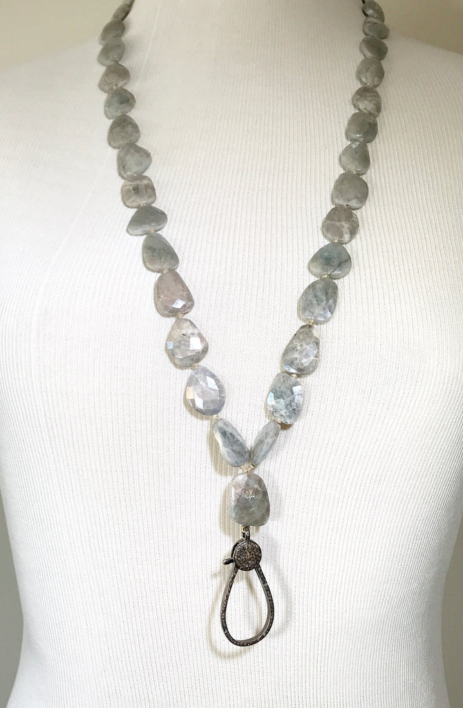 Diamond Clasp Long Boho Necklace Mystic Silver Grey Sapphire Slices - doolittlejewelry