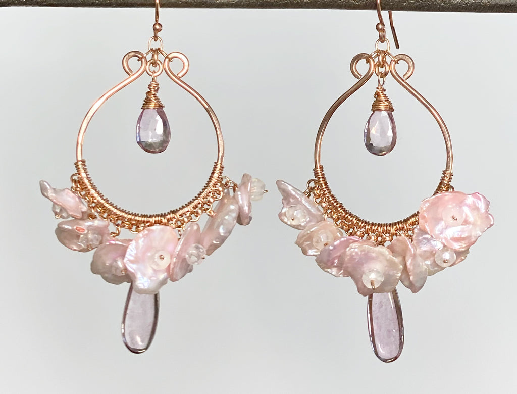 Rose Gold Hoop Earrings with Blush Keishi Pearls and Pink Topaz