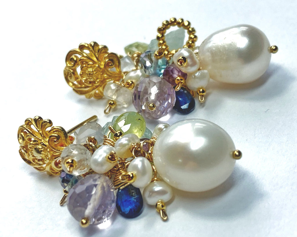 Pastel Gemstone Cluster Pearl Earrings Aquamarine Gold